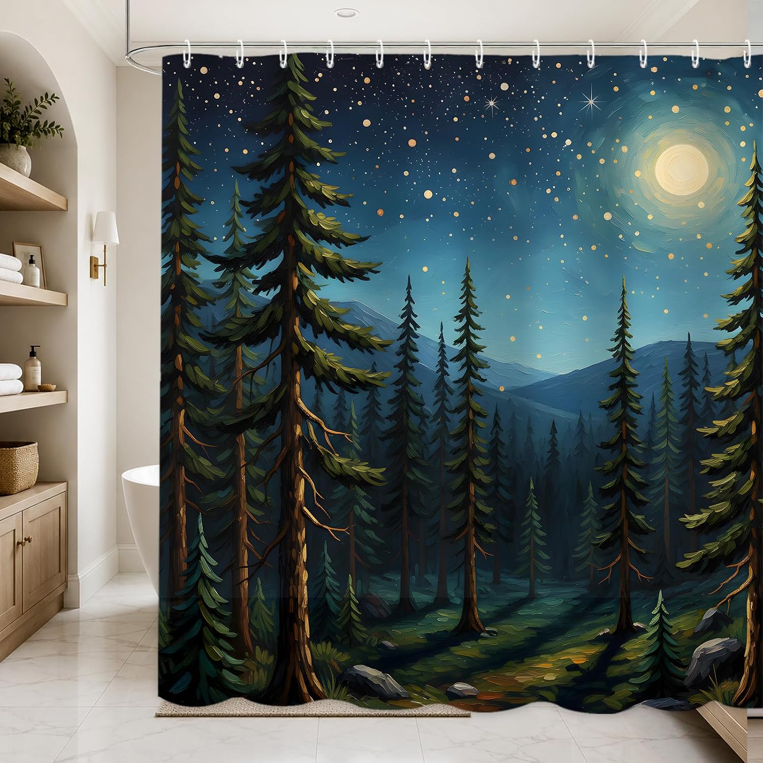 Forest Mountain Shower Curtain,Dark Green Nature Misty Pine Tree Moonlight Shower Curtains for Bathroom,Foggy Rustic Woodland Waterproof Fabric Bath Curtain Decor with 12 Hooks,72×72 Inches