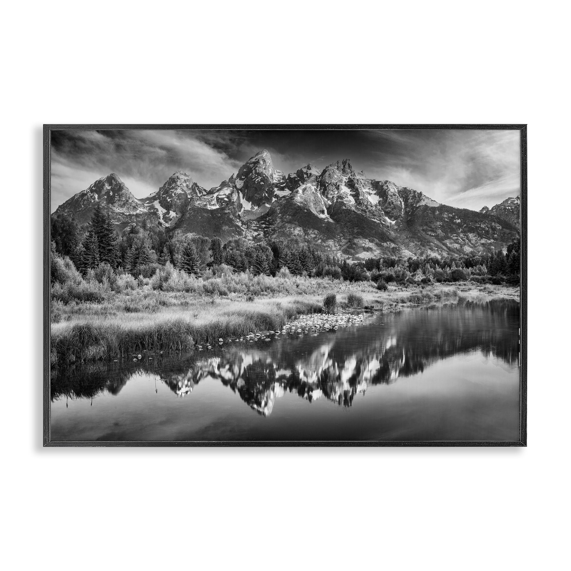 Stupell Industries Teton Mountain Reflections, Serene Greyscale Landscape for Living Room, 20 x 30 Inch Framed Giclée Print, by Rick Berk, Made in USA Gift