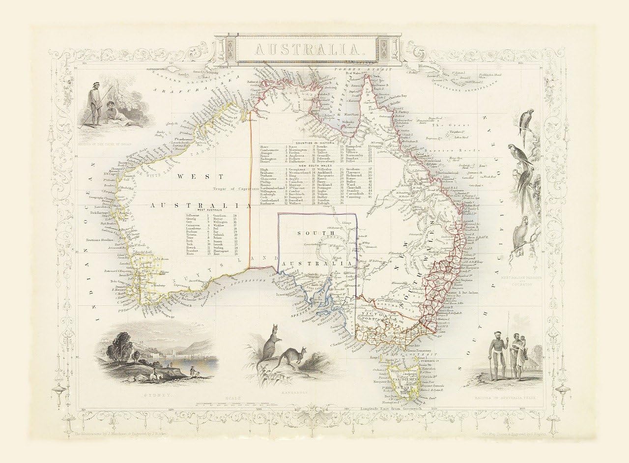 Australia, Reproduction 1851 Antique Map by John Tallis of Australian Territories (New South Wales, Victoria, South & West Australia) (Fine Art Poster, A3+ 19x13 inches (48x33cm))