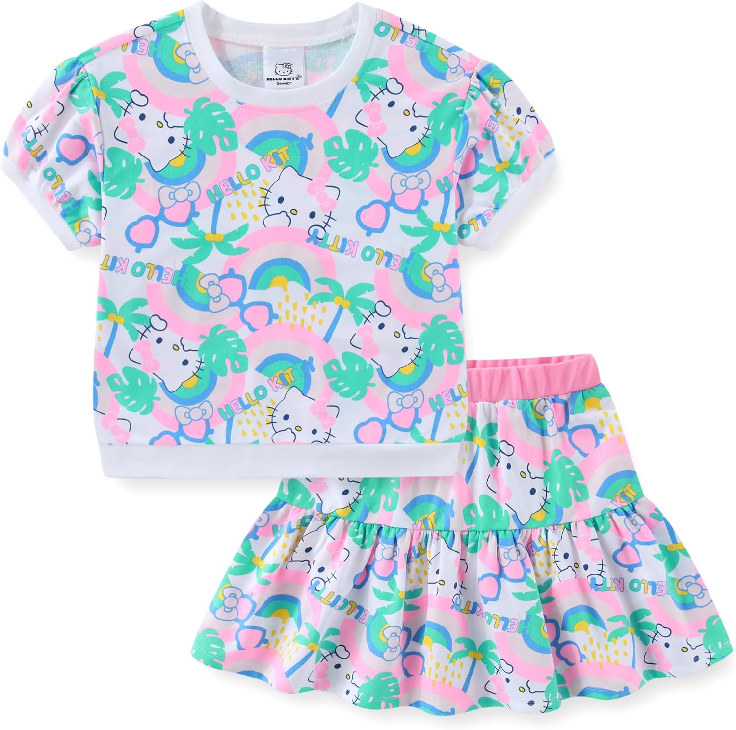Hello Kitty Sanrio Girls Short Sleeve Shirt and Skirt Set for Big Kids