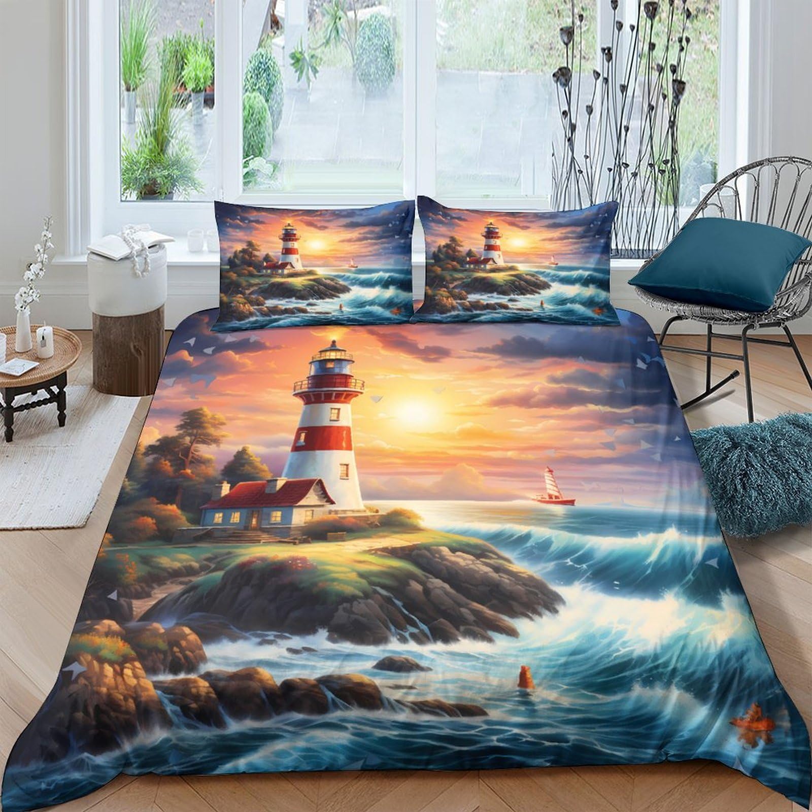 Ctjqhvkz Style-3 3D Printed Lighthouse Sunset Fitted Sheet Microfiber Soft Ocean Wave Bed Cover For Bedroom Guest Room Decor Single（135X200cm）