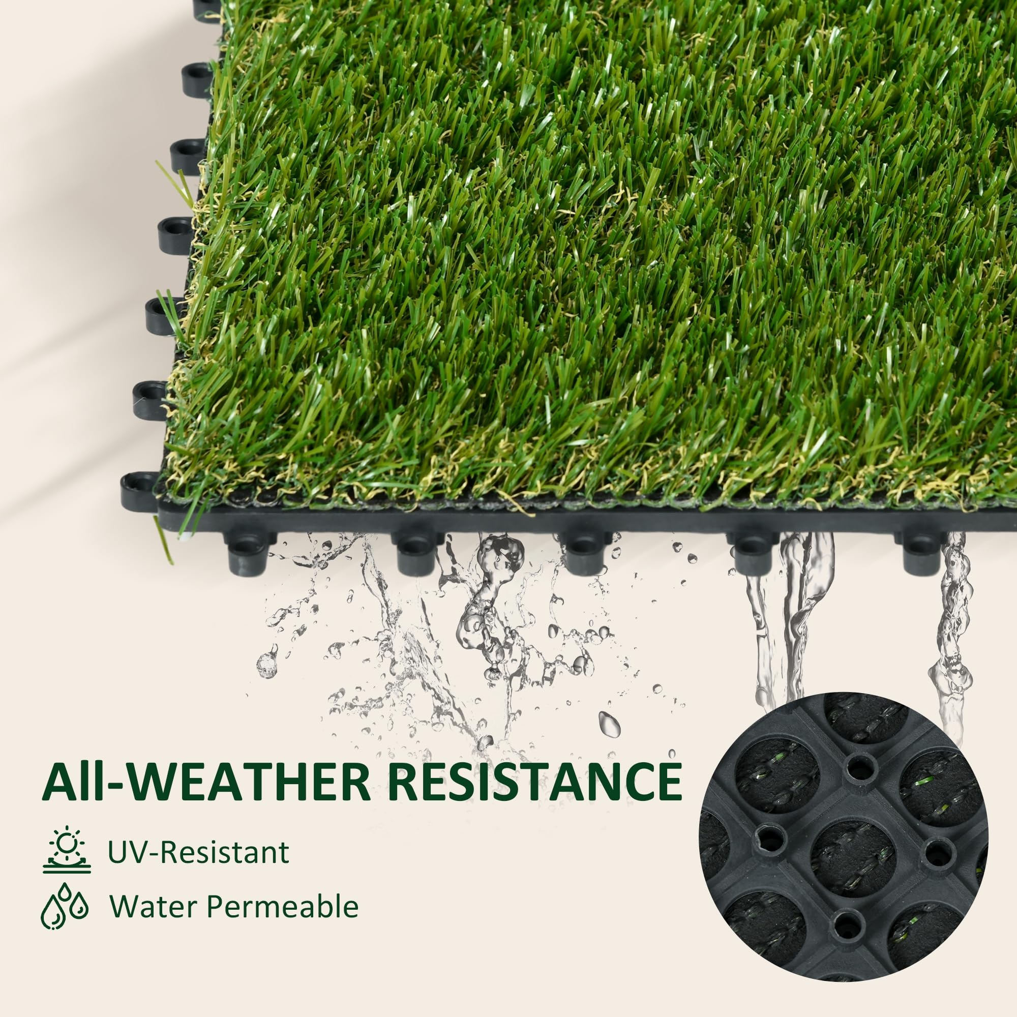 Outsunny Tappeto erboso sintetico artificiale Set di 10 piastrelle 30 x 30 cm spessore comfort 3 cm ad incastro verde