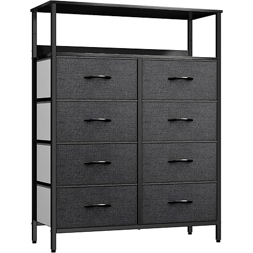 YITAHOME Fabric Dresser with 8 Drawers and Shelves, Furniture Storage, Living Room, Closet, Sturdy Steel Frame, Wooden Top & Easy Pull Fabric Bins (Black Grey)