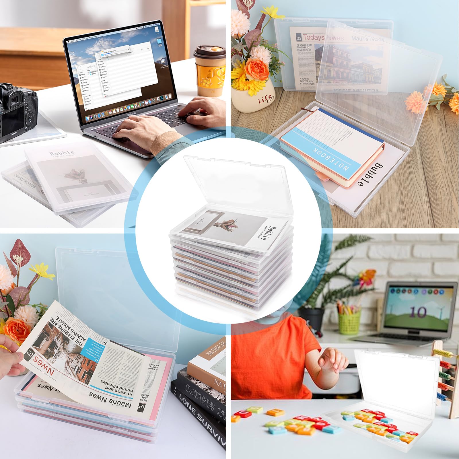 Cajas de Plástico A4 Transparentes, 8 Unidades Cajas Archivadoras Portátiles 30,5 x 22,3 x 2,2 cm, Organizador de Papeles Apilable para Oficina, Escuela, Documentos y Manualidades