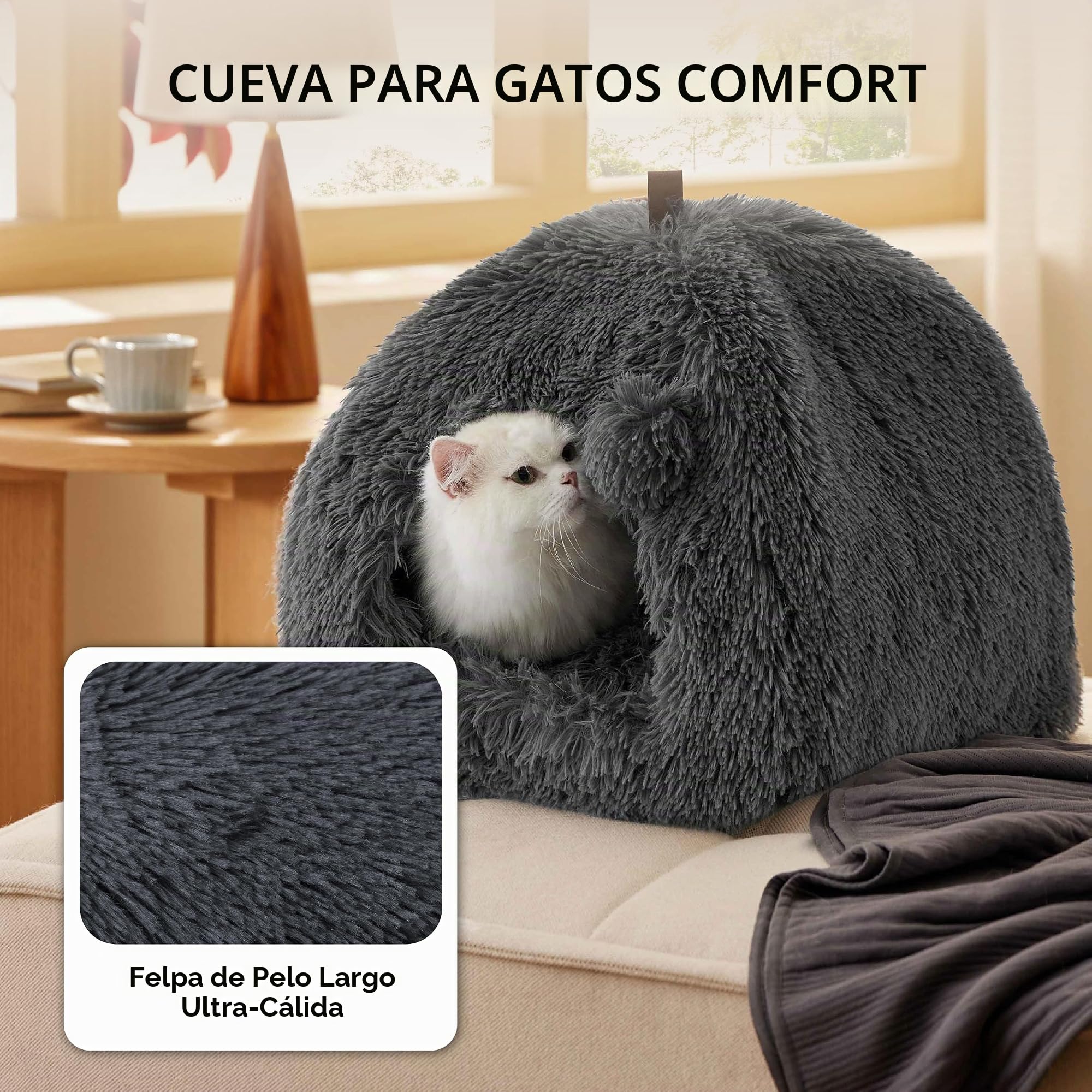 Bedsure Cama Cueva Gato Iglú - Casa Gato Esponjosa, 40x40cm | Cojín Extraíble Lavable, Cama Mascota Plegable Portátil, Peluche Suave, Gris Oscuro