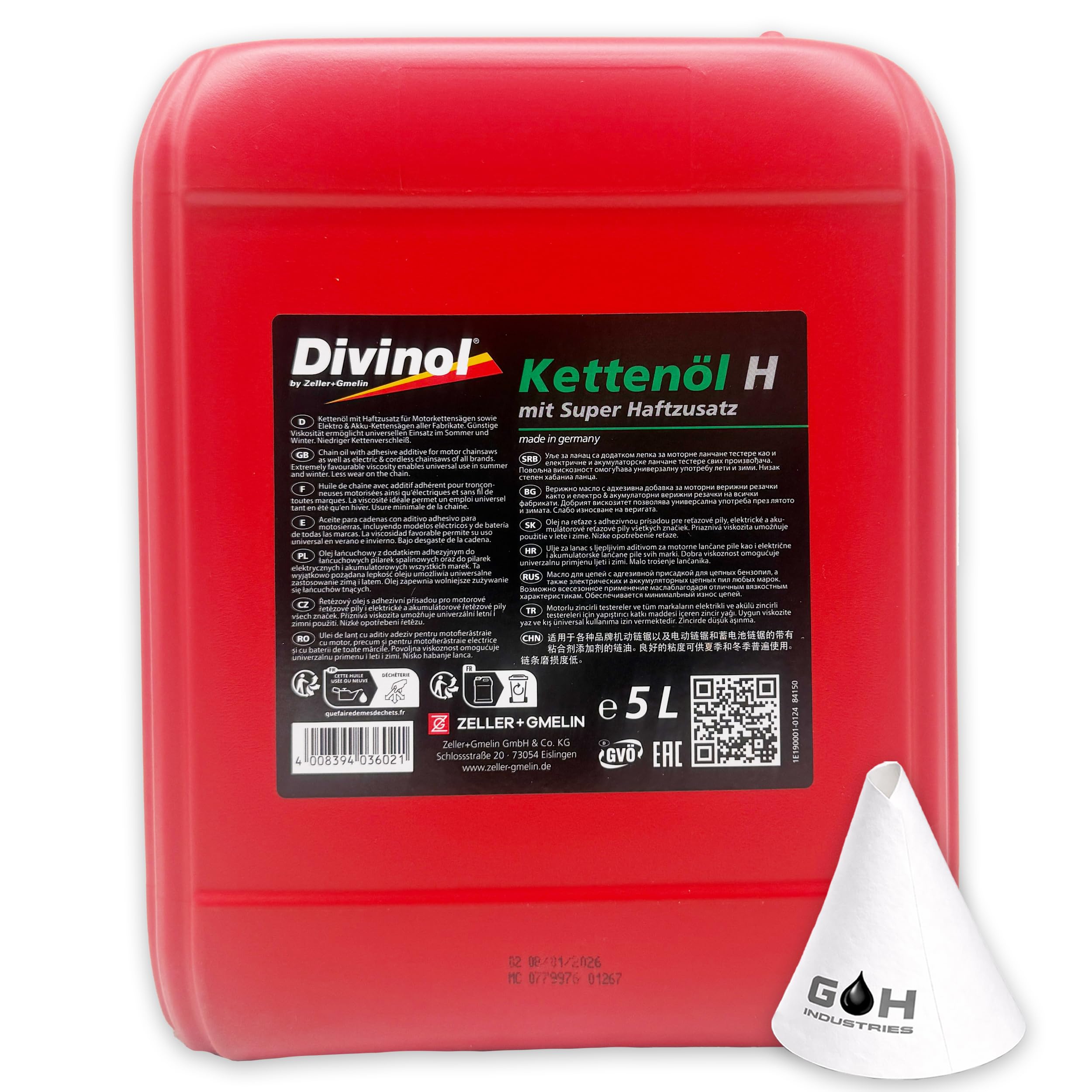 Divinol Kettenöl H | 10 L | Sägekettenöl | VG 100 | Haftöl für Motorsäge | (84150) | Kettenöl mit Haftzusatz – Verschleißschutz für Kette & Schwert – mineralisch | mit Trichter