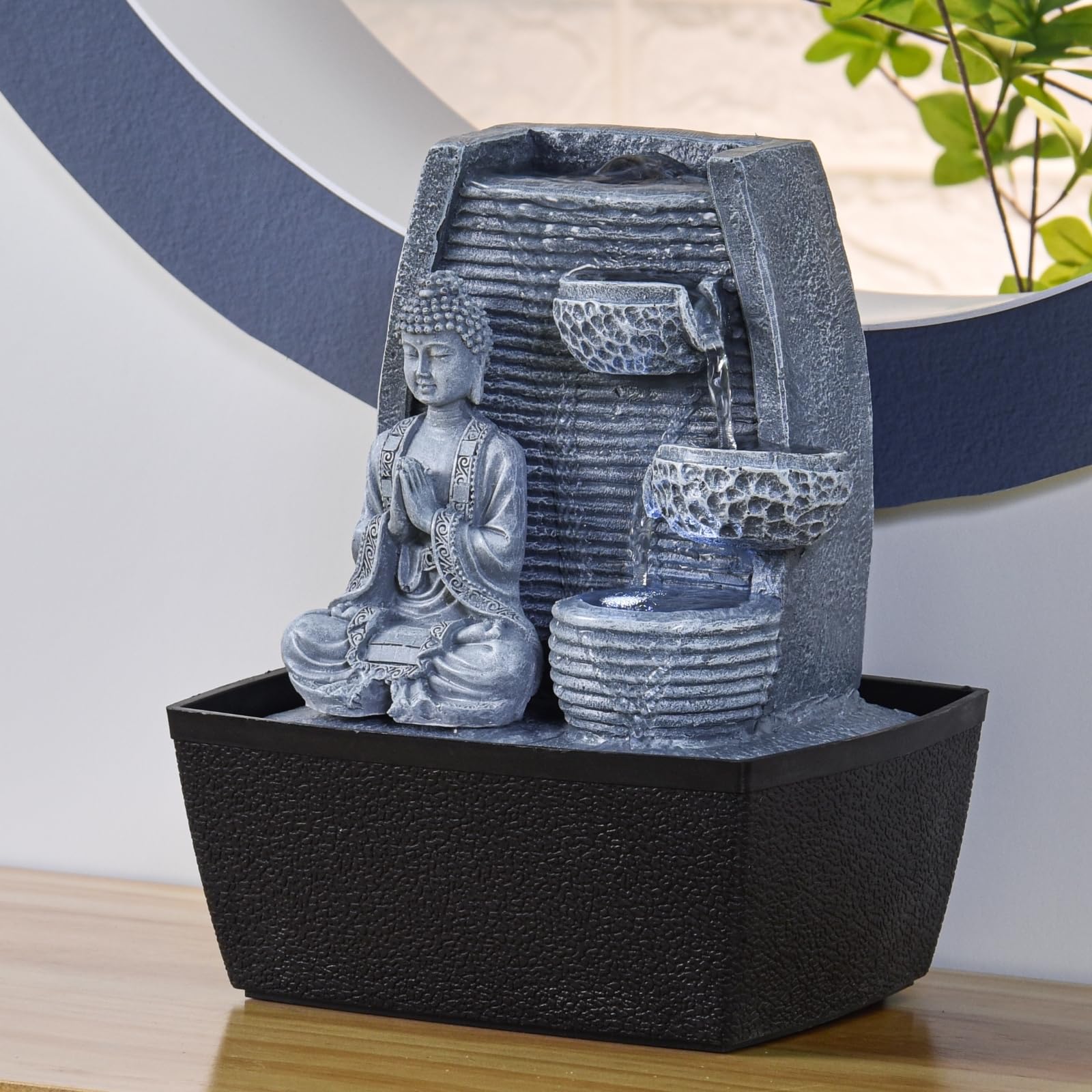 Fontaine d’Intérieur Mur d’Eau Cascade - Statue Bouddha Amovible- Fontaine de Table Lumière LED Blanc Circuit fermé - Décoration Zen Salon Chambre Feng Shui - Cadeau Utile- H 26cm - Sagesse Zen’Light