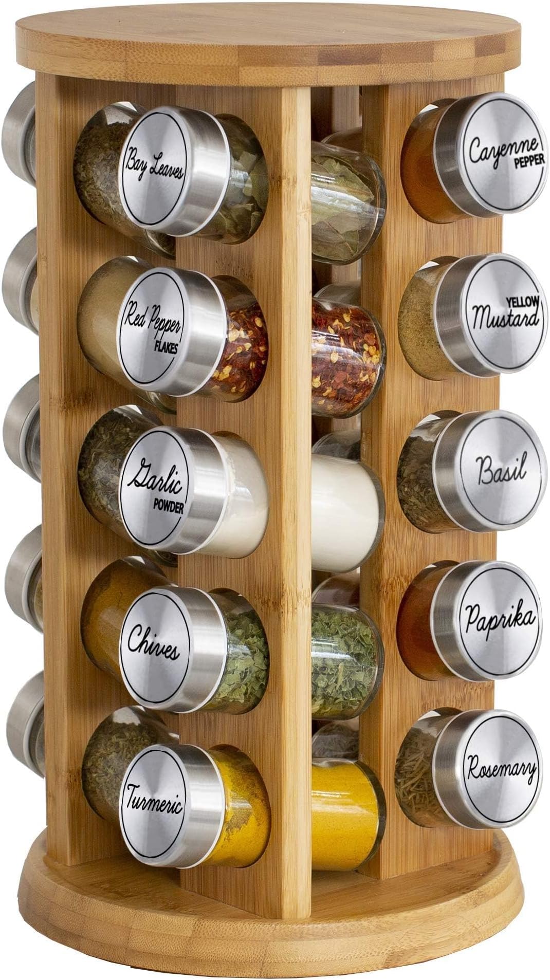 20 Jar Rotating Bamboo Spice Rack with Spices Included & 5-Year Free Spice Refill Program – Revolving Countertop Spice Rack with Glass Jars