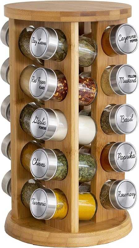20 Jar Rotating Bamboo Spice Rack with Spices Included & 5-Year Free Spice Refill Program – Revolving Countertop Spice Rack with Glass Jars | Revolving Countertop, Glass Jars