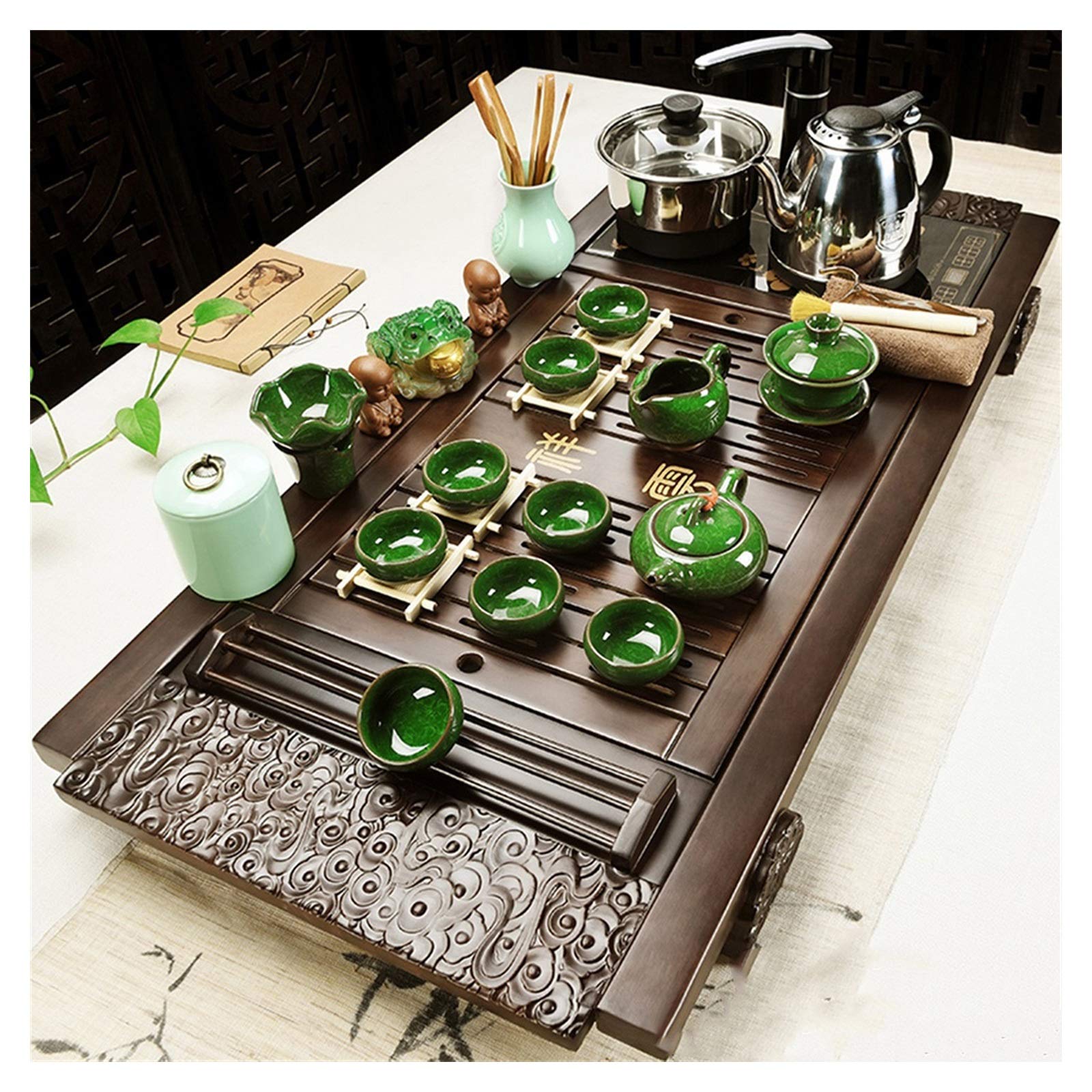 DFGHNBVC Chinese Ceramic Tea Sets,Tea Set Bamboo Tea Tray, Chinese Kungfu Tea Serving Tray Kungfu Tea Set With Automatic Water Heater Ceramic Gongfu Sets,A
