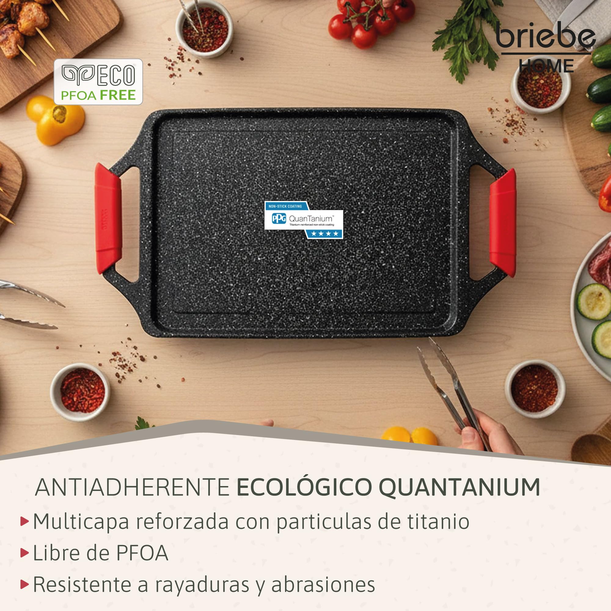 briebe Black Titanium Plancha Cocina Inducción Asar, Antiadherente Titanio, Aluminio Fundido, Bandeja Asadora 43x25cm, Recubrimiento sin PFOA, Asas Silicona, Vitrocerámica, Gas, Horno