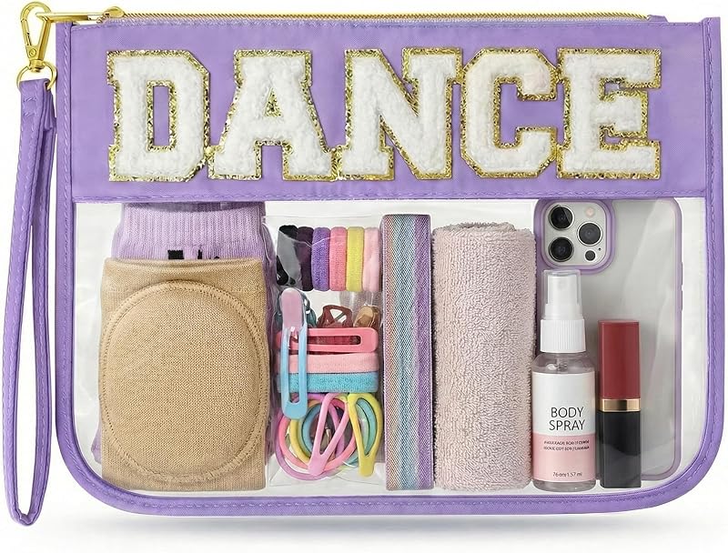 Necessaire de maquiagem para dança KYTACCU com letra chenille, transparente, roxa, com zíper