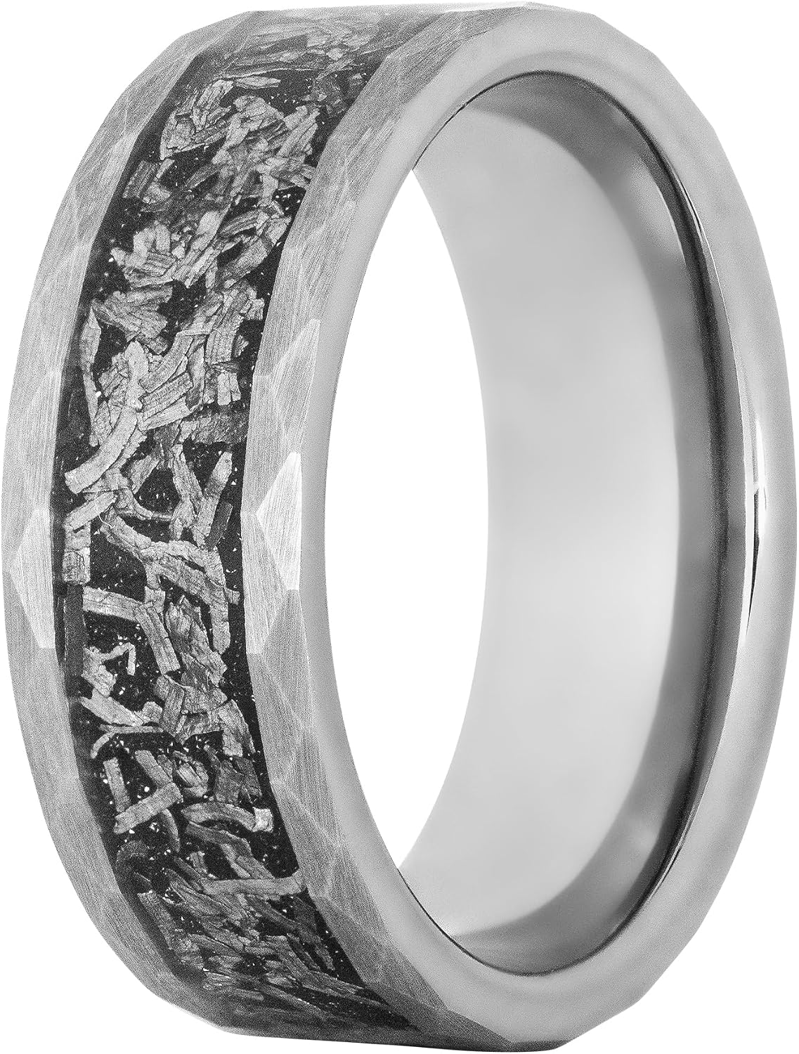 Gentlemen's Bands Silver Tungsten Men's Wedding Band with Hammered Finish & Black Meteorite Inlay 8mm | Engagement/Wedding Ring for Men | Includes Silicone Band, Leather Pouch & Luxury Walnut Box