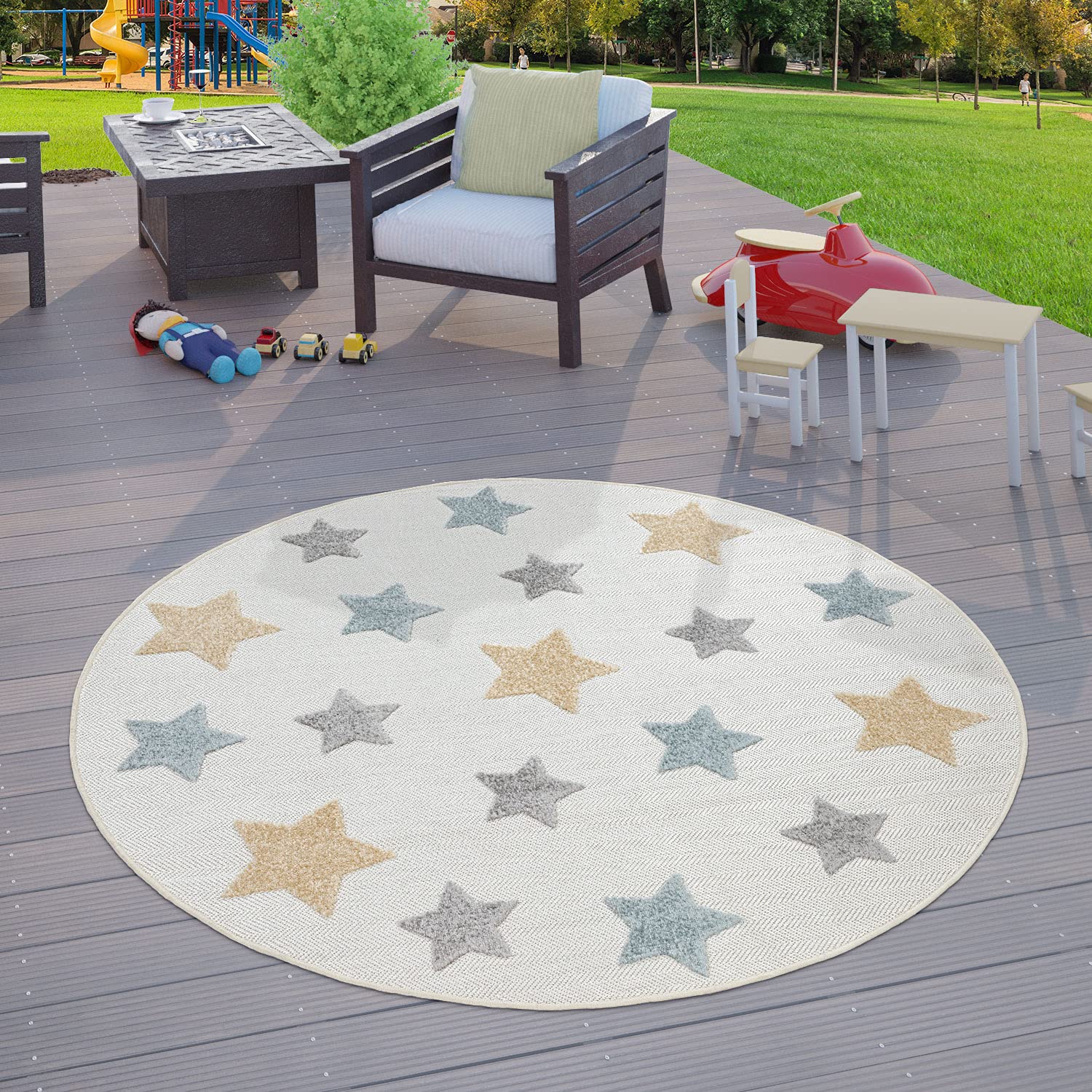TT Home Alfombra Habitación Infantil Niños Niño Niña Alfombra de Juego Estrellas Beige, Tamaño:Ø 120 cm Redondo