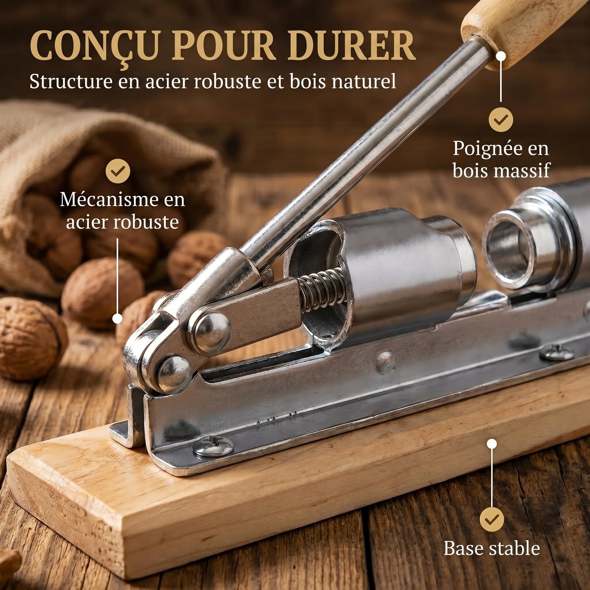 Casse-noisettes au design nostalgique Casse-noisettes en acier inoxydable avec fonction de levier ; ouverture des noix réglable en taille et en puissance.