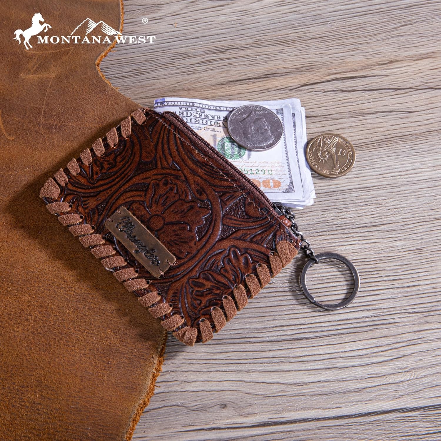 Montana West × Wrangler Leather Change Wallet with Keychain for Men Women Small Coin Pouch Western Design, Brown - Image 4