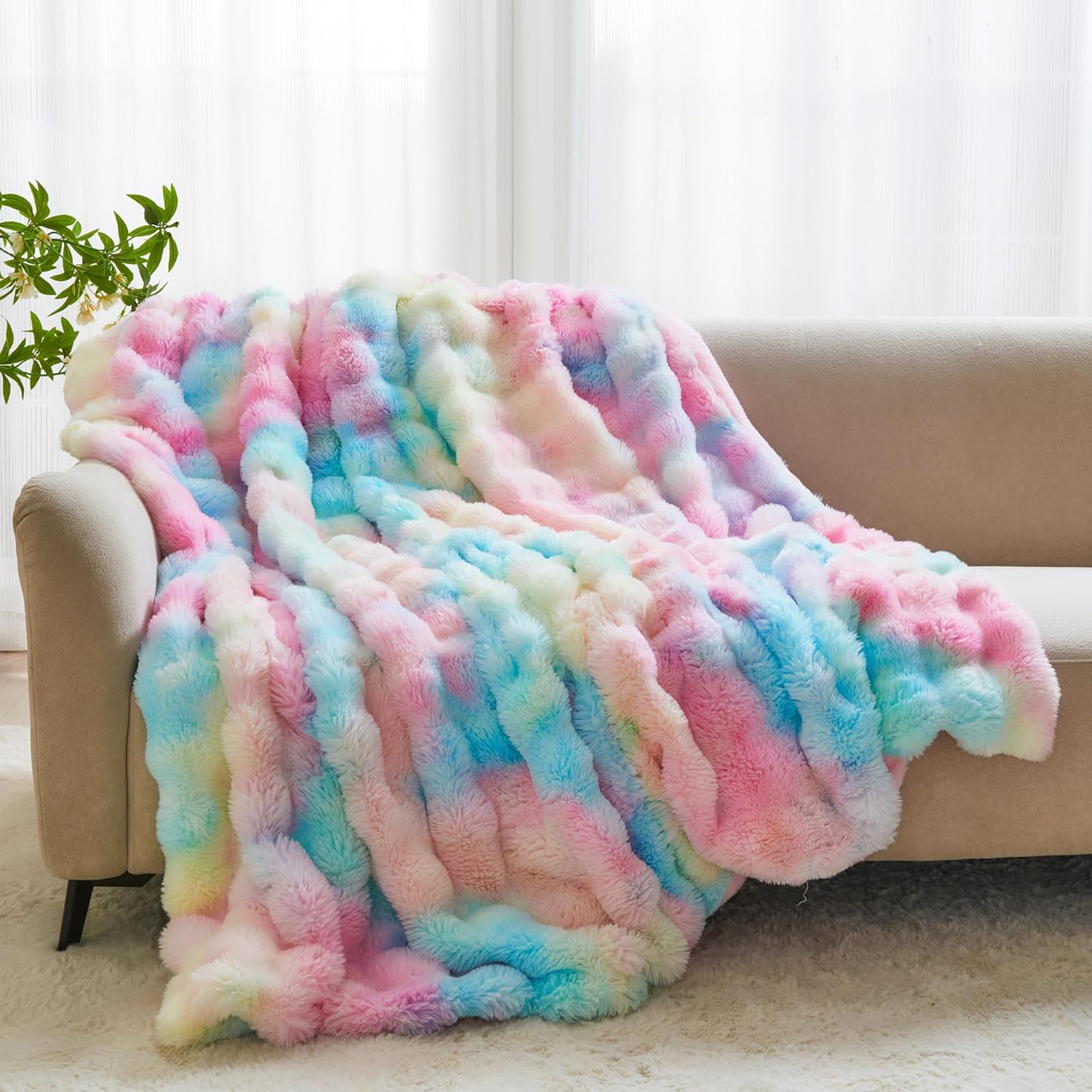 RYNGHIPY Faux Fur Throw Blanket Tie Dye Colorful Rainbow Blanket for Couch Plush Fluffy Faux Rabbit Fur Decoration Blanket for Sofa Chair Bed (Rainbow, 63''x79'') - Image 2
