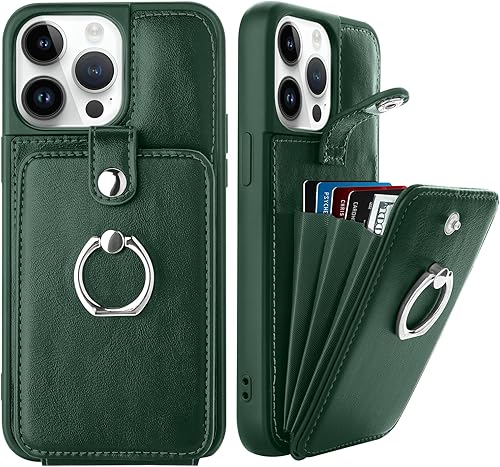 Miniatura 1 de MZELQ Funda para iPhone 14 Pro Max, tarjetero y soporte de cuero con anillo mental para iPhone 14 Pro Max + protector de pantalla, ranura para