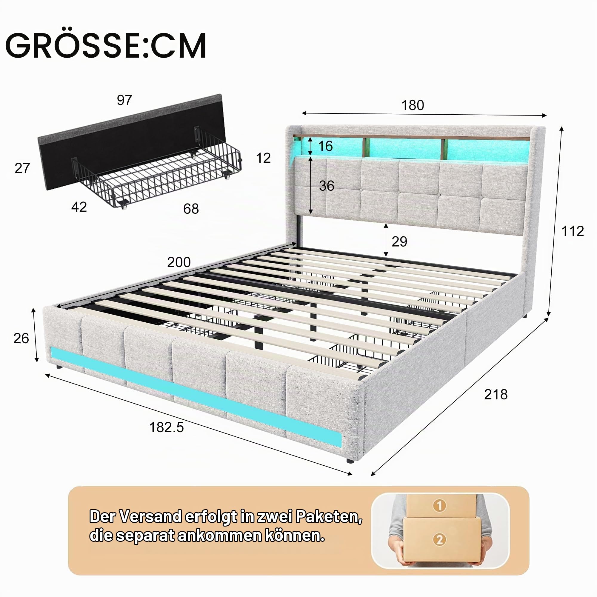 Doppel Bett 180x200 mit Lattenrost, Boxspringbett 180x200, Doppelbett Polsterbett mit Stauraum, Betten mit 4 Schubladen, LED und 2 USB, 1 Type-c, Leinen, ohne Matratze (Beige, 180 * 200)