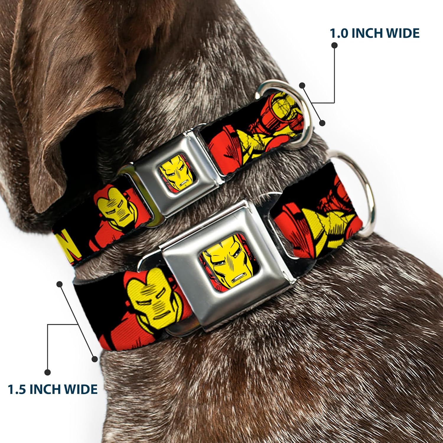 Buckle-Down Seatbelt Buckle Dog Collar - THE INVINCIBLE IRON MAN Action Poses Black/Red/Yellow - 1" Wide - Fits 9-15" Neck - Small