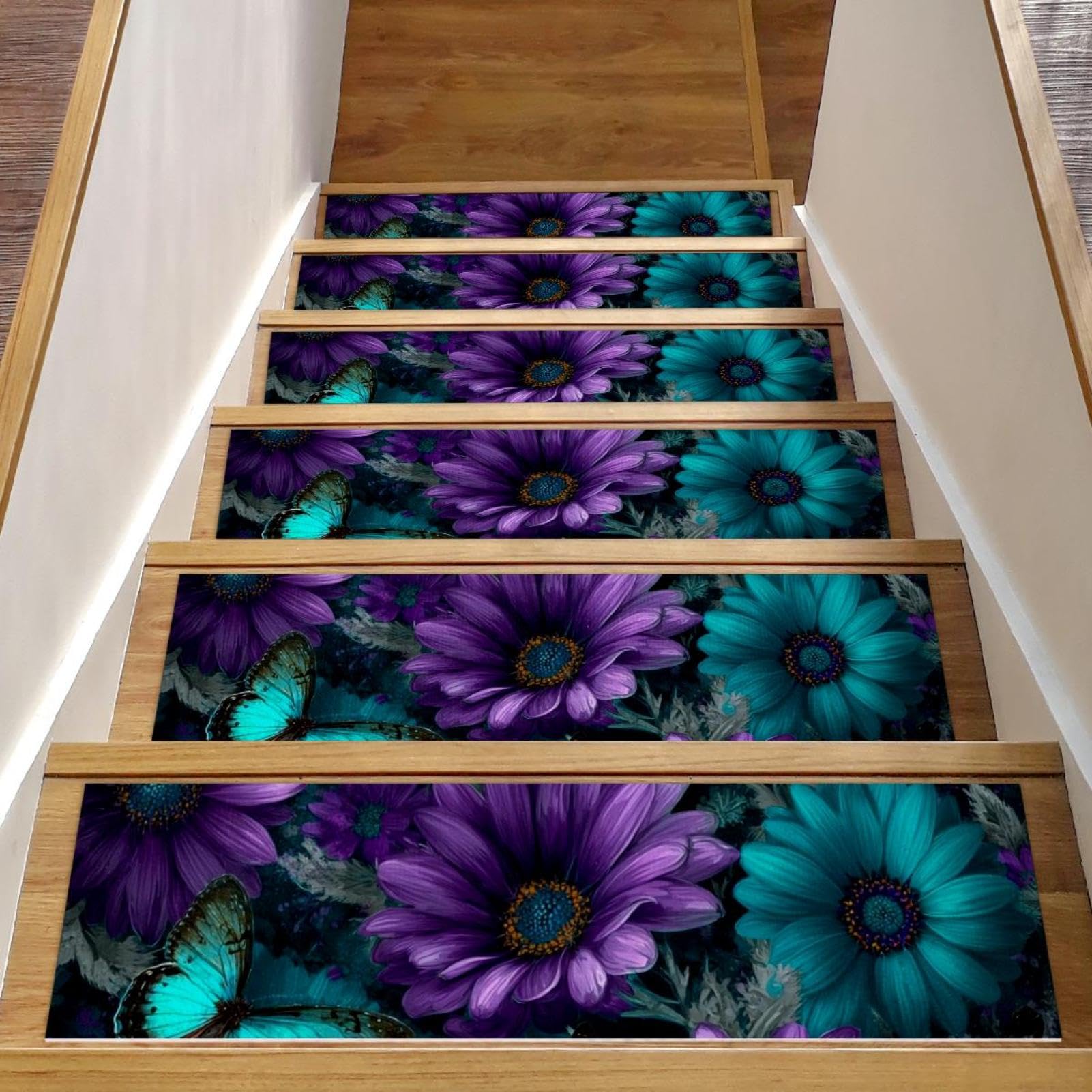 Tapis d'escalier en velours à motifs de fleurs et papillons, finitions premium lot de 15