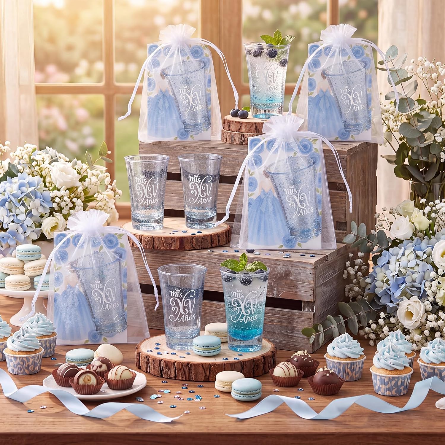 30 Set Quinceañera Party Favors Guests Plastic Shot Glasses, Blue
