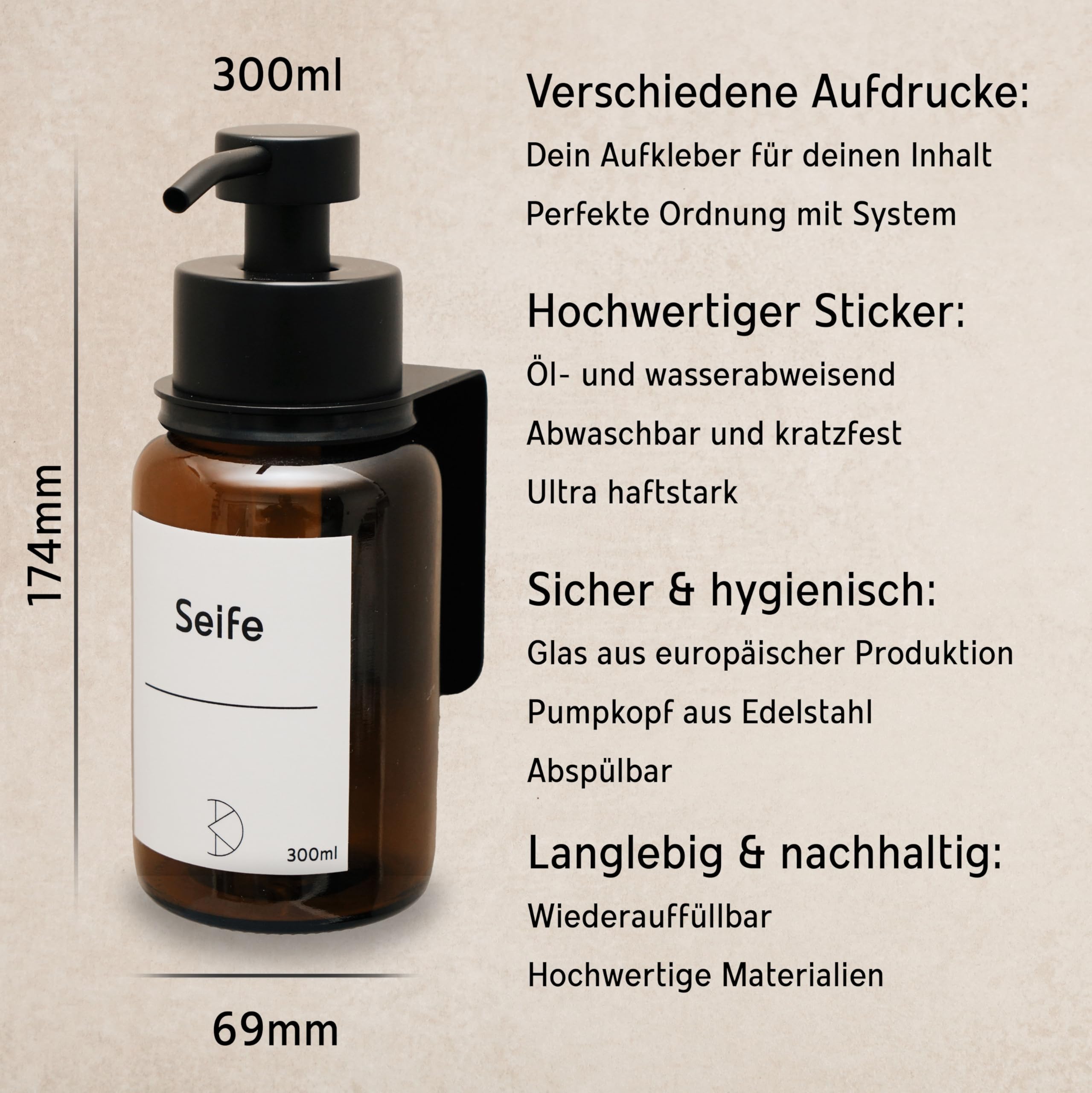 Glas Seifenspender mit Wandbefestigung - 300ml Braunglas Spülmittelspender mit Edelstahl Pumpkopf - Wandmontage ohne Bohren mit 3M Montageband, Set 2-Fach Halter