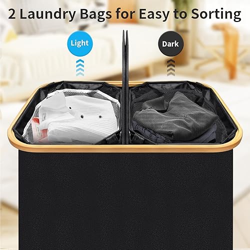 Miniatura 4 de Cesta doble para la ropa sucia con tapa, 160 litros dividida con ruedas, 2 bolsas extraíbles con anillos de acero, cesta de ropa sucia de 2