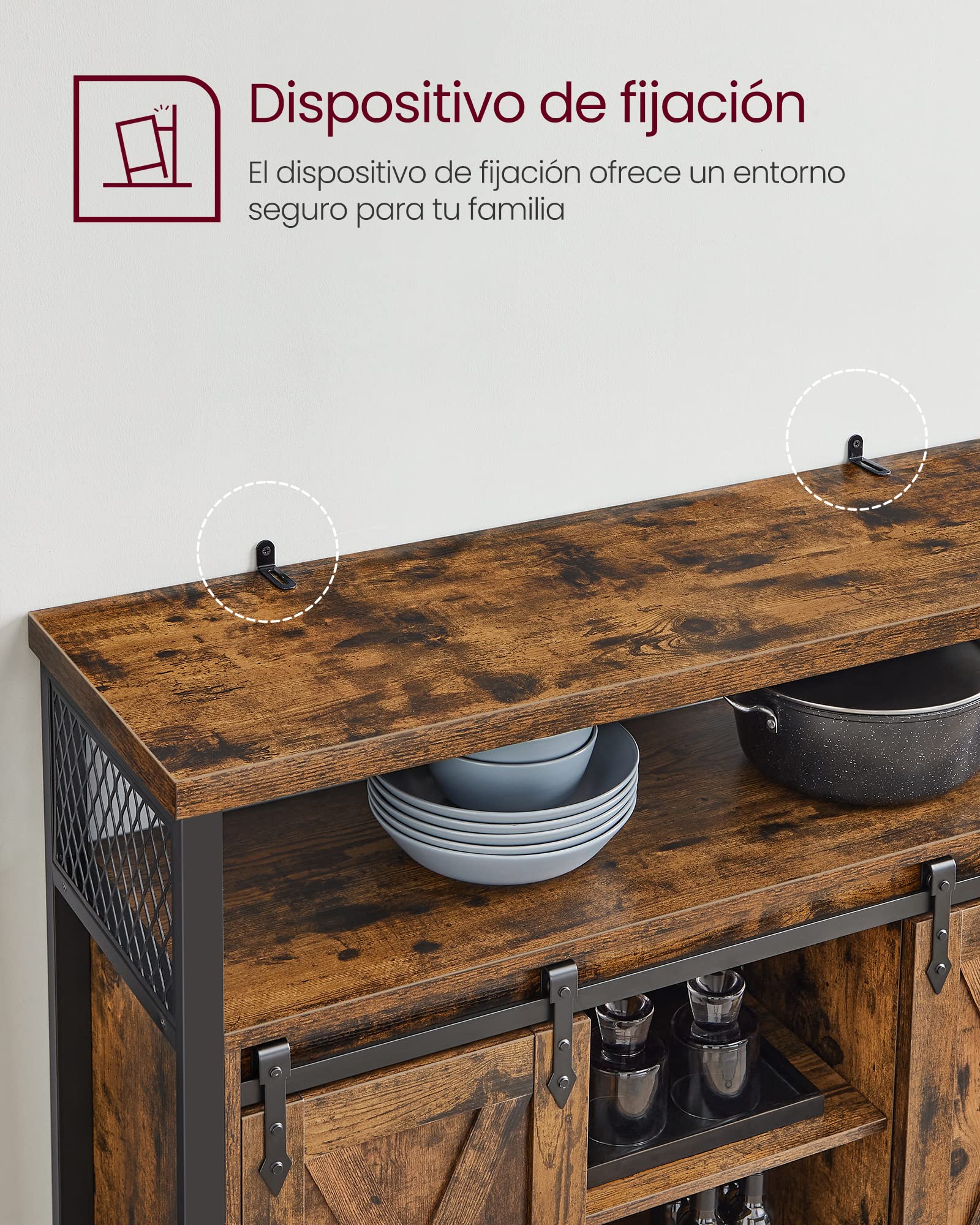 VASAGLE Aparador, Armario de Cocina, Armario de Almacenamiento, con 2 Puertas Correderas, 33 x 100 x 80 cm, Estantes Ajustables, para Salón, Marrón Rústico y Negro Tinta LSC092B01