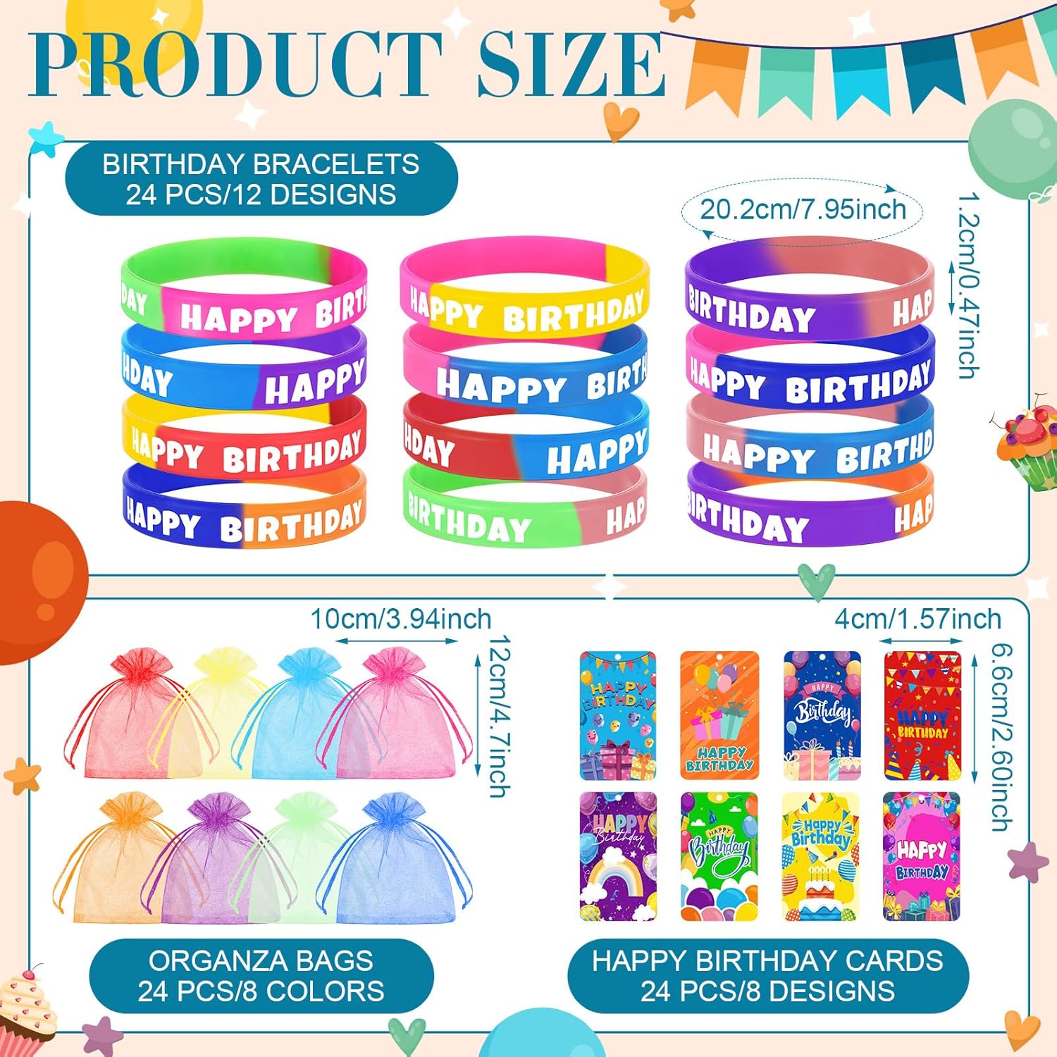 Cunno 72 Pcs Happy Birthday Rubber Bracelets Gifts Set for Classroom Kids Colorful Silicone Stretch Wristband Classroom Birthday Bracelet for Student Teacher Reward Back to School Gift Card Bag Bulk