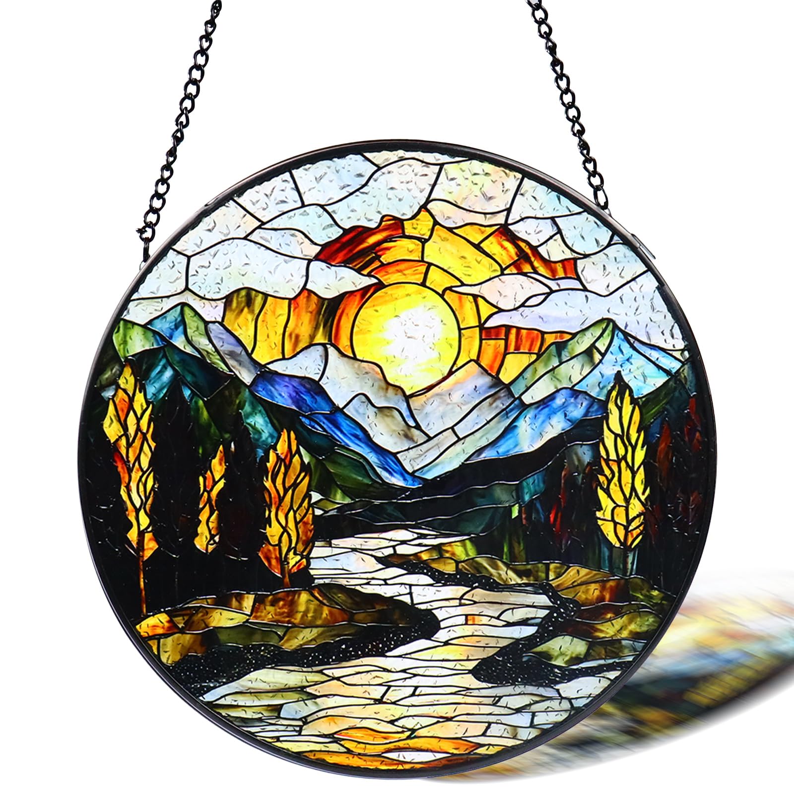Buntglas-Fensterbehang, 20,3 cm, Sonnenuntergang, Berge, See, Baum, Sonnenfänger, Diamantglasscheibe, Landschaft, Sonnenfänger für Heimdekoration, Geschenk für Frauen, Ehefrau, Mutter, Weihnachten