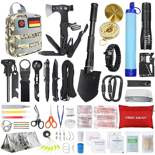 Außen Notfall Survival Kit mit Erste Hilfe Set, WayinTop 180PCS Survival Ausrüstung mit Wasserfilter Stroh Multi-Tool Hammer Axt, Geschenke für Männer Camping/Abenteuer/Wandern im Freien