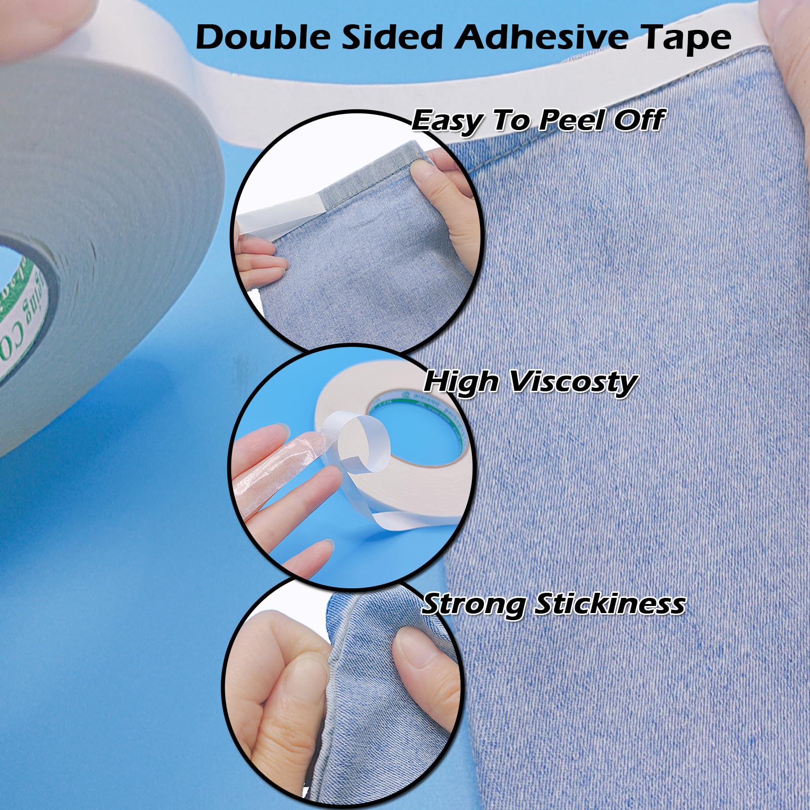 WENSSKKU Cinta adhesiva de tela de doble cara, cinta adhesiva fuerte de 1/2 pulgada x 200 pies, sin coser ni planchar, delgada, transparente y extraíble sin dejar pegamento