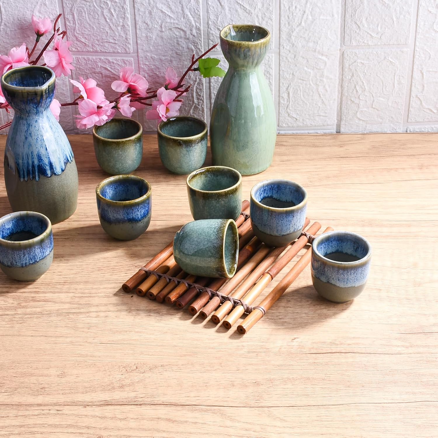 Japanese Sake Set of 5, Large Ceramic Wine Pot with 4 Cups Blue Glaze