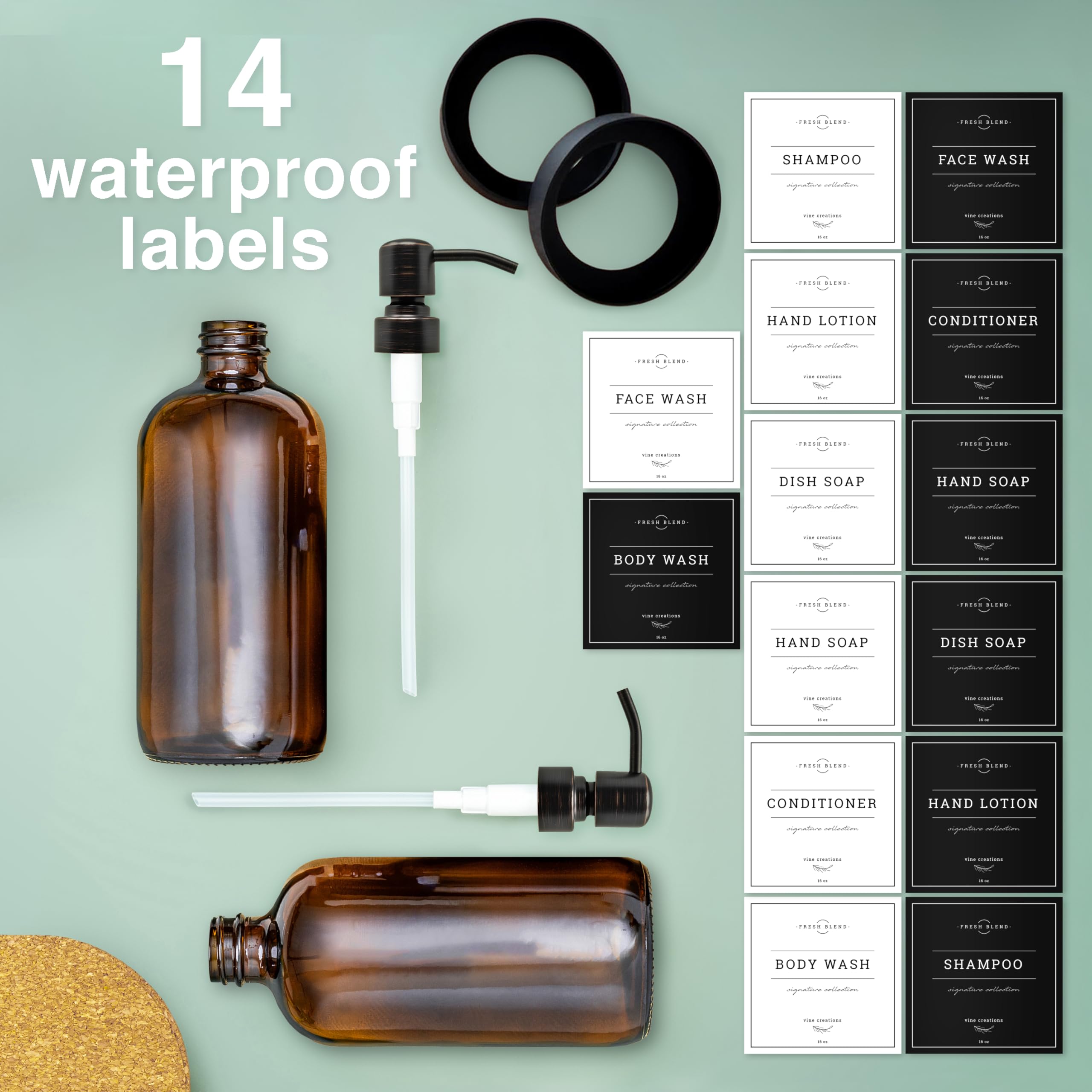 Vine Creations, 2er-Pack Seifenspender-Set für die Küche mit Edelstahlpumpe, Amberglas, 475 ml, Handseifenspender für das Badezimmer, Geschirrseifenspender für die Küche mit Wasserdichten Etiketten