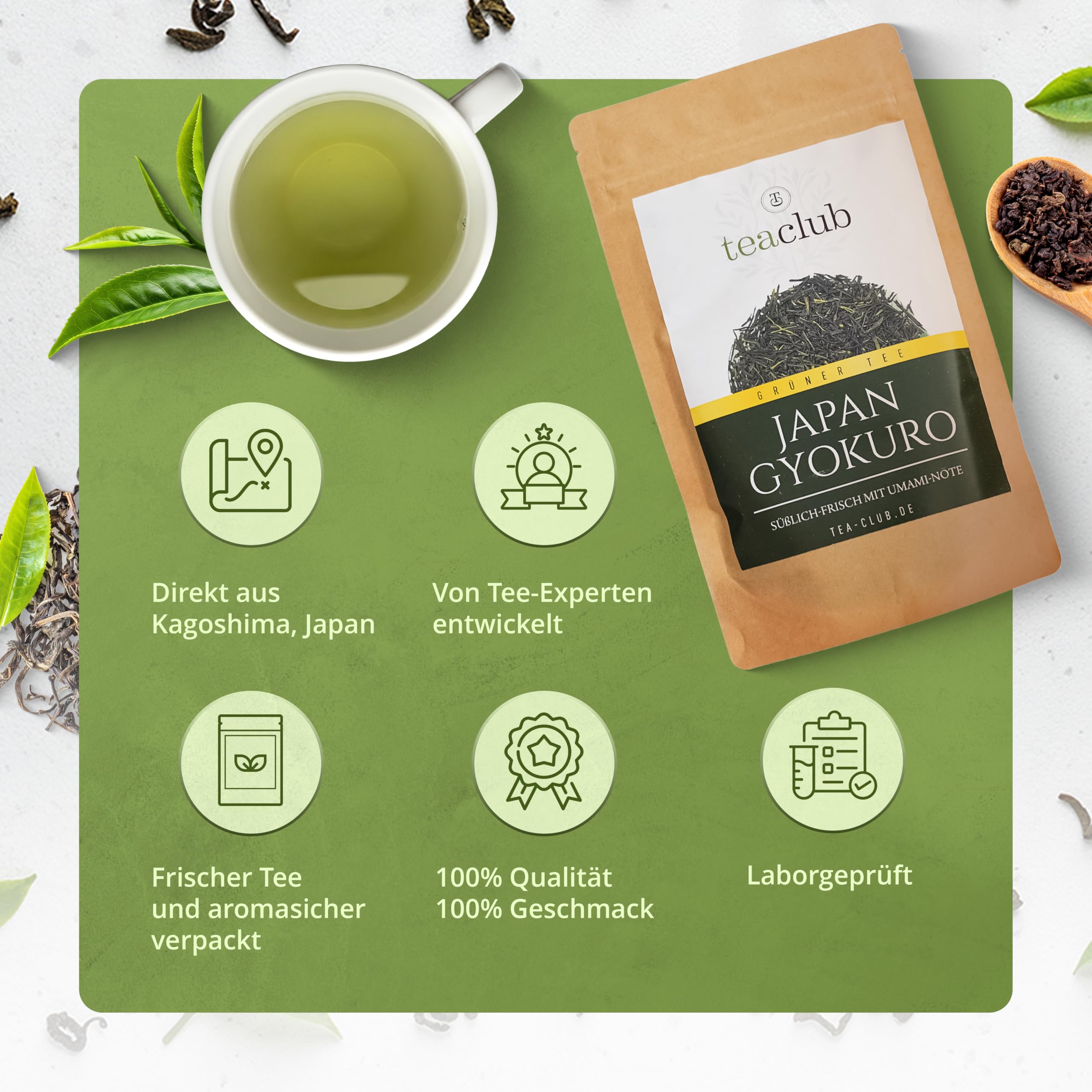 Japan Gyokuro Grüntee Kagoshima 100g, Japanischer Grüner Tee Lose Blätter, Feine Süße und Umami, TeaClub Green Tea