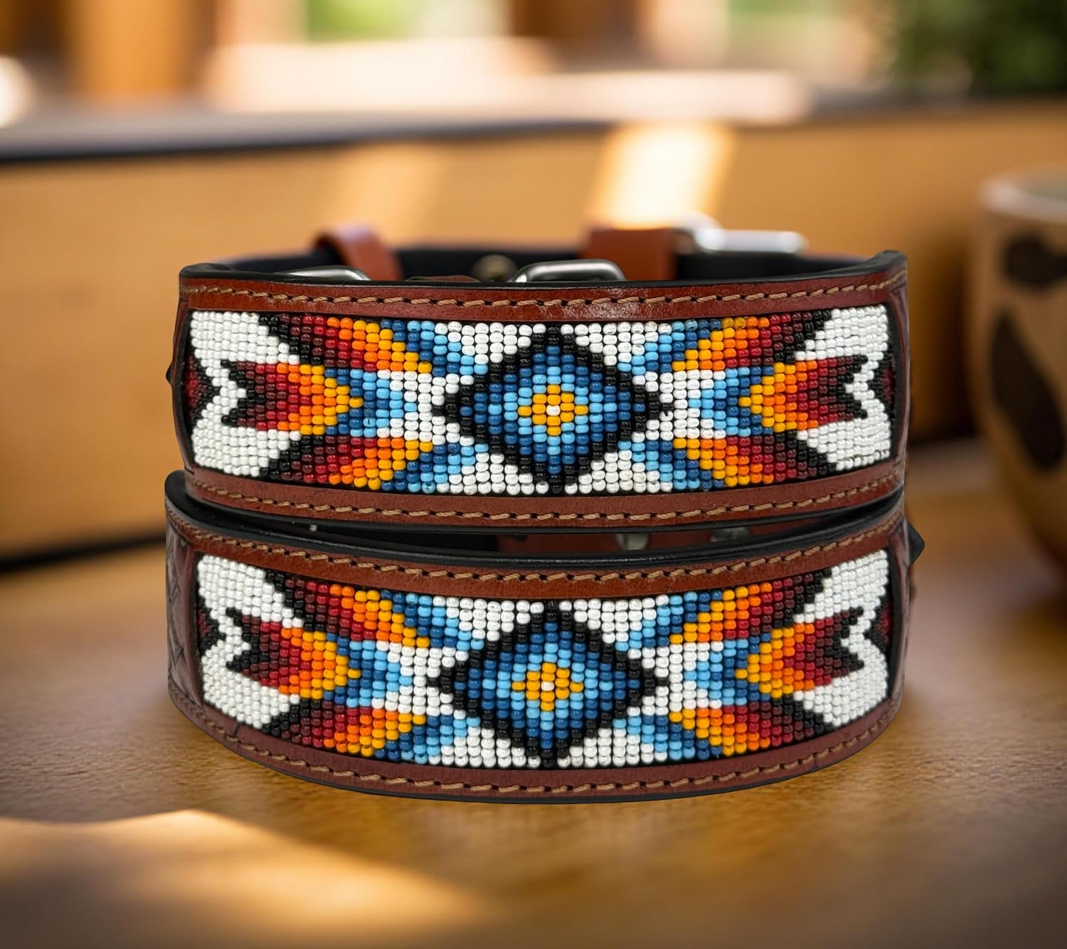 Leather Western Dog Pet Collar Beaded Heavy Duty Genuine Leather Padded Soft Adjustable Hand Tooled (L (18"-21"))