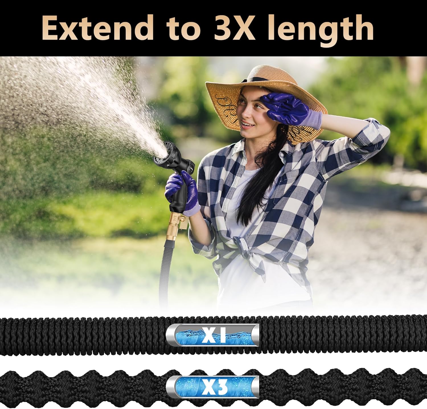 75 FT Garden Hose – 2025 Upgarded Expandable Garden Hose w/10 Pattern Spray Nozzle, 650psi Pure Brass 3/4” Fittings – Lightweight, Durable, and Kink-Free, Retractable Water Hoses for Gardening(Black) - Image 4