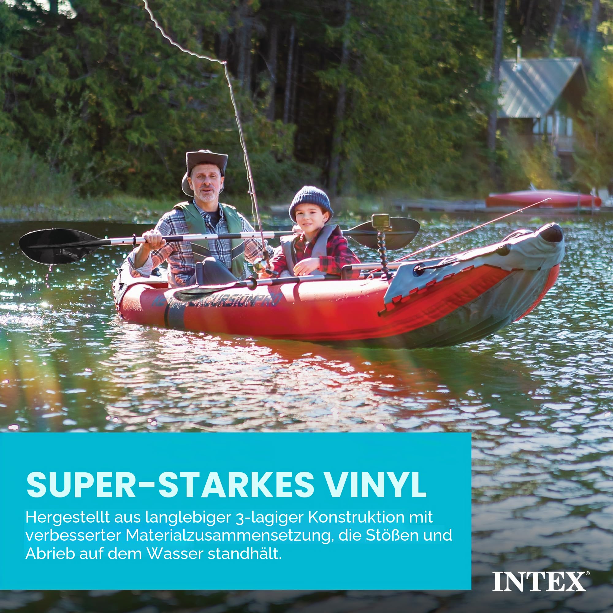 INTEX Excursion Pro Aufblasbare Kajak-Serie - inklusive Deluxe 218.4 cm Kajakpaddel und Hochleistungspumpe - SuperTough PVC - Verstellbarer Schalensitz - Angelrutenhalter - Haltegriffe