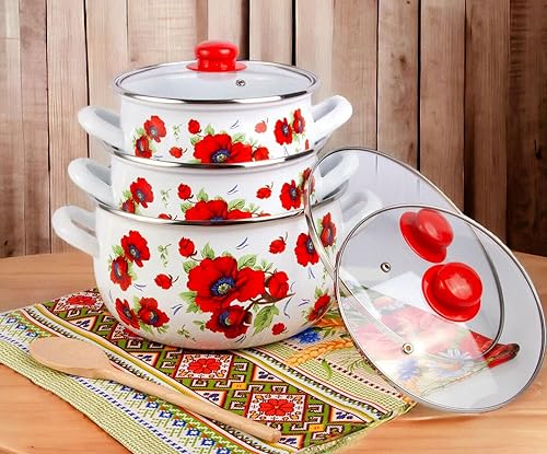 Miniatura 8 de Olla de sopa de aluminio esmaltado (2.2 cuartos de galón 4 cuartos de galón 6.55 cuartos de gallo) apilable de gallo dorado, juego de 3 ollas con