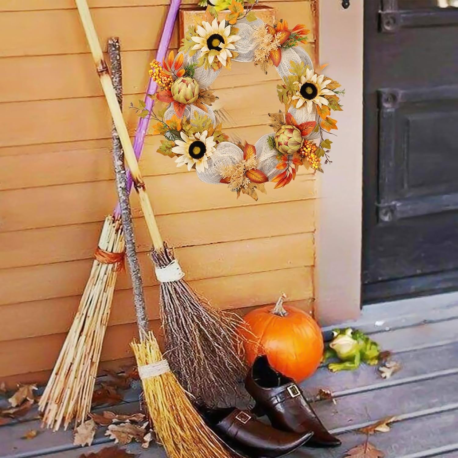 ひまわりのドアリース、玄関ドア用の秋のリース, 23 インチ人工感謝祭秋ひまわり, 自宅用の秋のリース、屋外の玄関ドア用のドアリース
