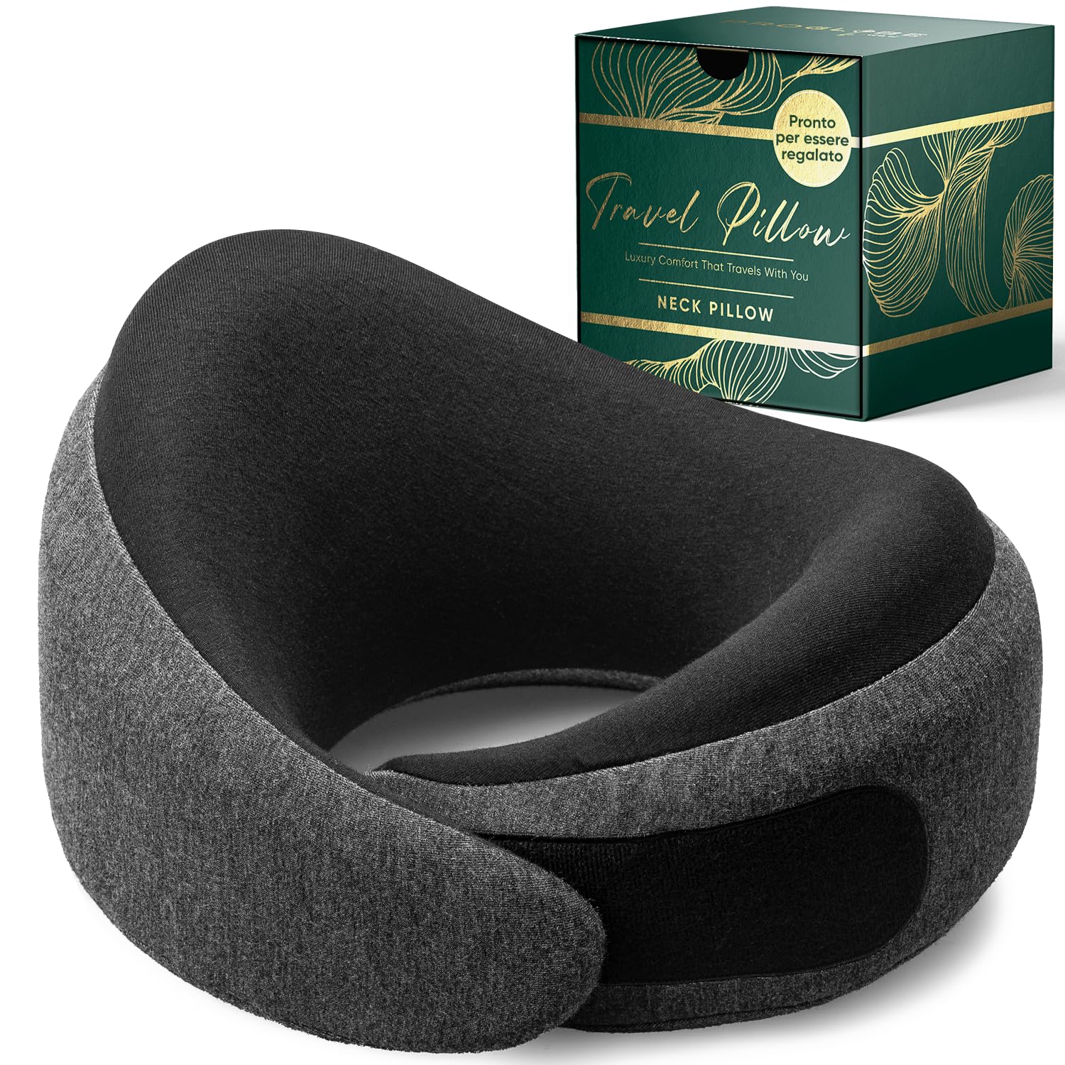 Proglobe Luxe Cuscino Cervicale da Viaggio 360°, Nero Cenere | Memory foam con fodera lavabile in cotone biologico e borsa da trasporto compatta.