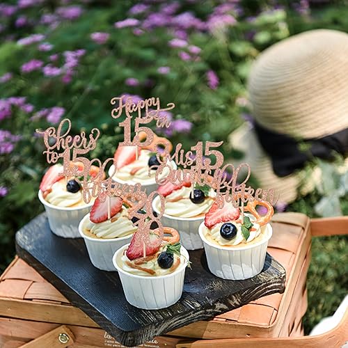 Miniatura 3 de Rsstarxi Paquete de 30 adornos para cupcakes de 15 cumpleaños con purpurina Mis Membrillo 15 desde 2010 Feliz 15º Cupcake Toppers Quince Cheers to