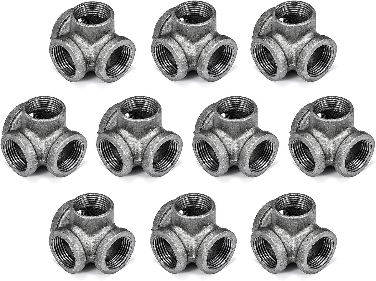 Tee de salida lateral de 4 vías de 3/4", accesorios de tubería de hierro maleable Home TZH para estilo industrial vintage, bridas con orificio roscado para proyectos de bricolaje/muebles/decoración de estanterías (10, 3/4")