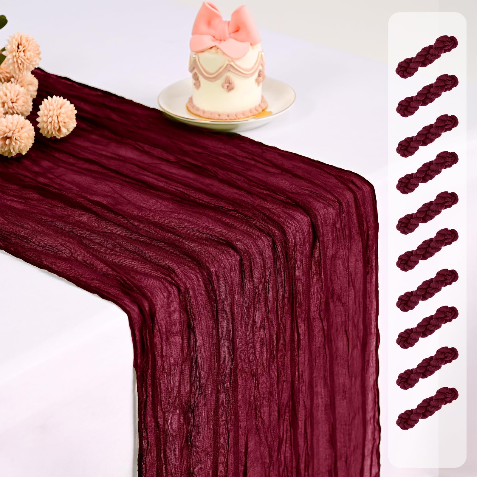 10 Pack Cheesecloth Table Runner,Burgundy Table Runner Long Romantic Semi Sheer Rustic Boho Gauze Table Runners for Wedding Bridal Shower Birthday Party Decorations(17.7×108 Inch)
