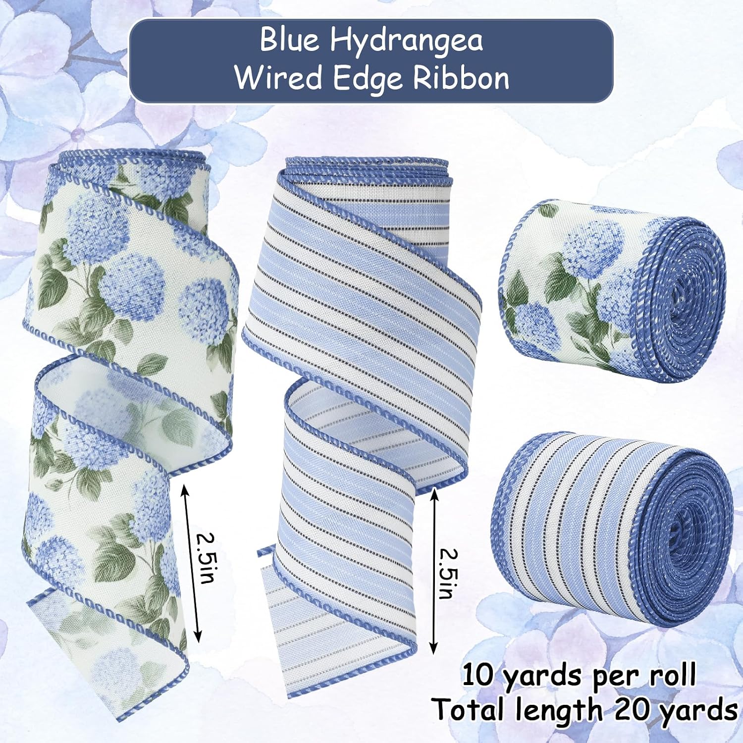 AnyDesign Hydrangea Flower Wired Edge Ribbon Blue Floral Stripe Craft Ribbons Summer Spring Fabric Ribbon for Wreath Bow DIY Wrapping Party Decor, 2 Rolls, 20 Yard