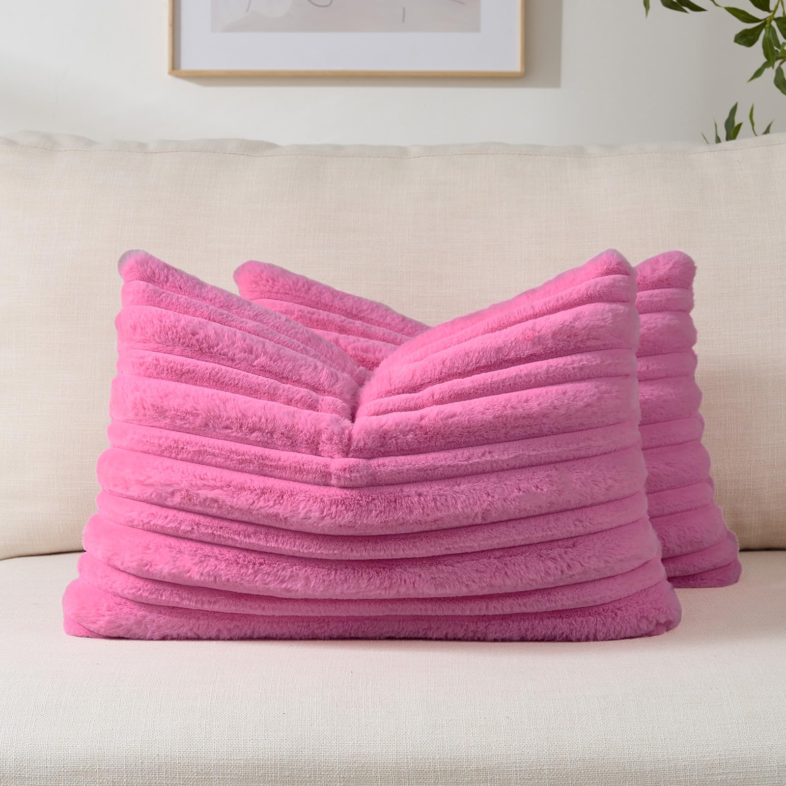 FUTEI Set of 2 Fluffy Faux Fur 30x50 cm Cushion Covers Double Sided Soft Plush Striped Textured Scatter Pillowcase 30 x 50 cm Modern Accent for Sofa Bed Living Room, Hot Pink