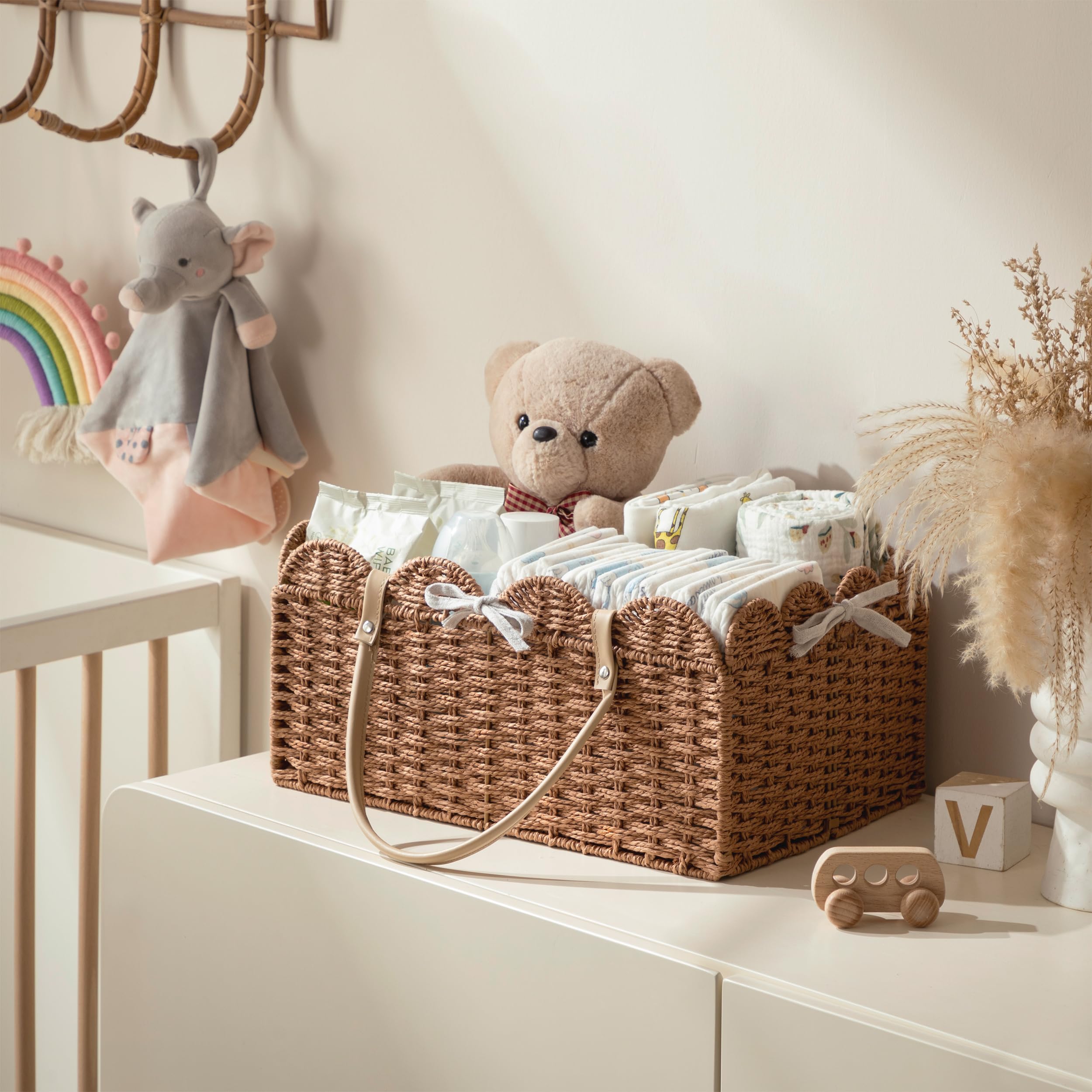 HBlife Grand panier à couches pour bébé, panier de rangement en corde de papier avec séparateur amovible, organiseur portable de voiture pour couches, cadeaux de fête prénatale, essentiels pour