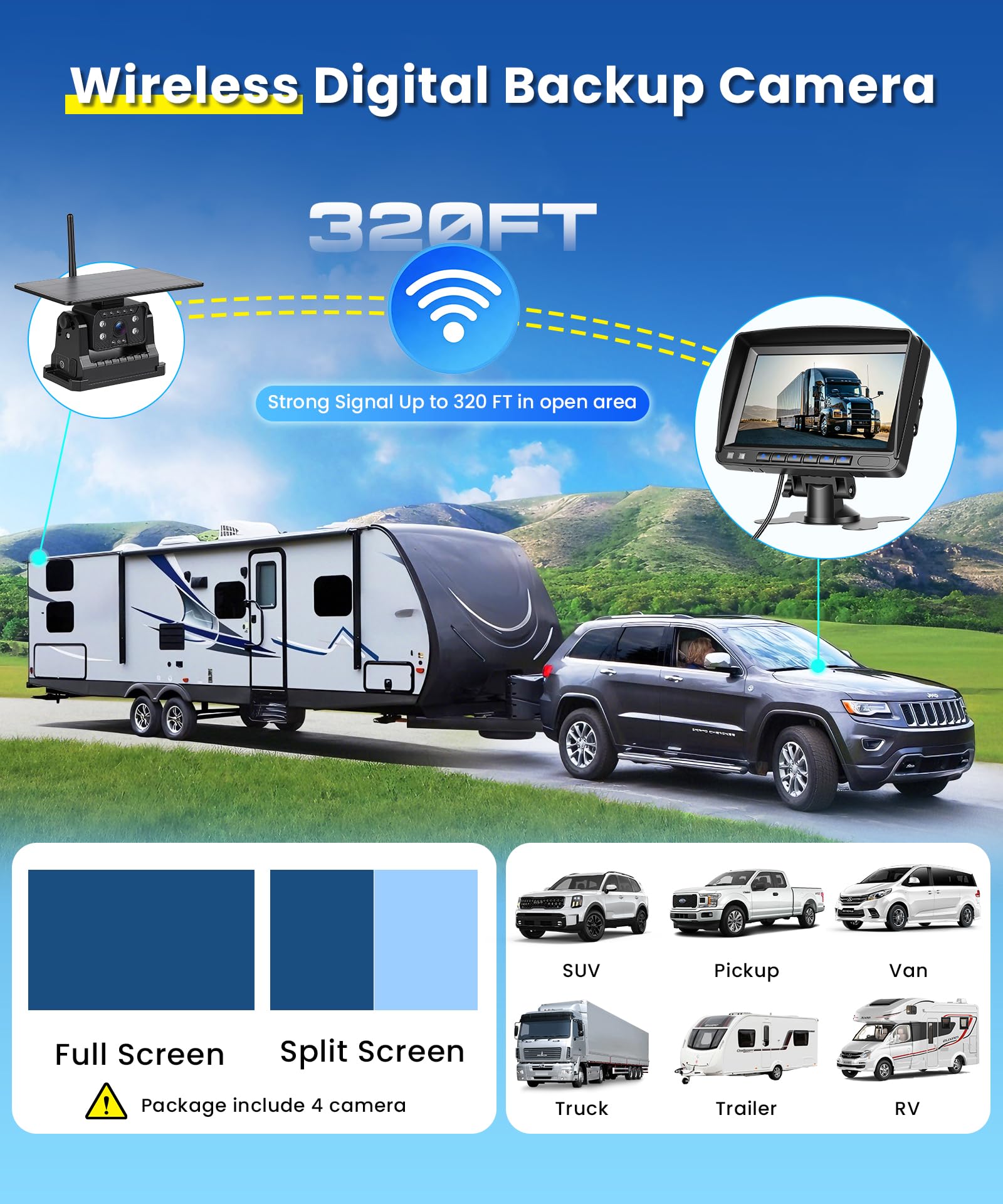 VECHTEL Cámara de Marcha atrás inalámbrica con Pantalla HD IPS de 7", visión Nocturna IP68, cámara magnética inalámbrica alimentada por energía Solar, Soporte telescópico