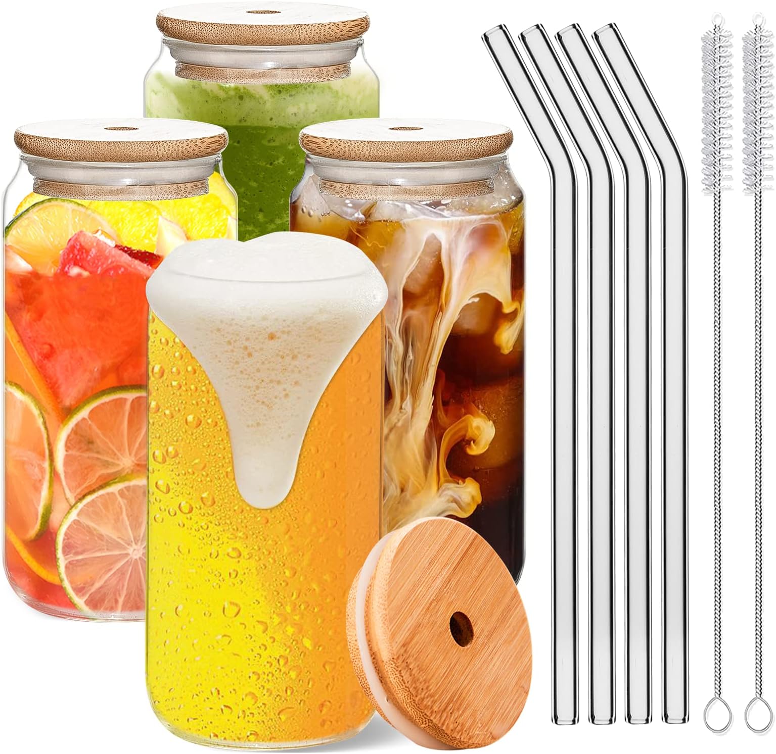 Yirilan 4pcs Glass Cups with Lids and Straws - 16 oz Glass Cups with Bamboo Lids, Iced Coffee Cup, Drinking Glasses, Clear Glass Cups- 2 Cleaning Brushes